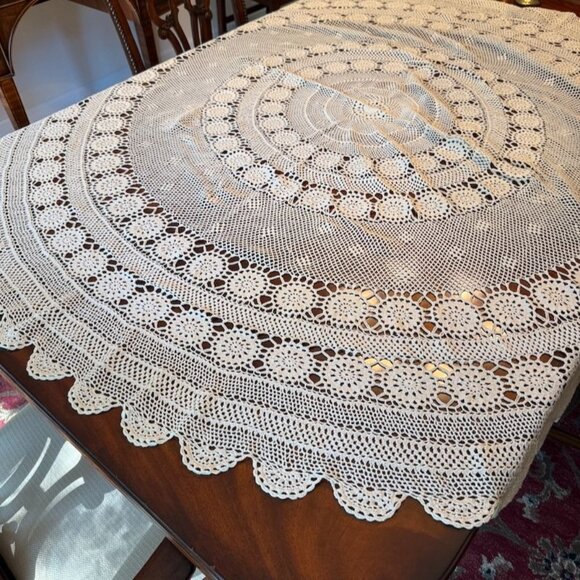 Vintage Handmade Crochet Tablecloth Round Lace Doily Beige 68" Wedding Decor - Picture 1 of 6